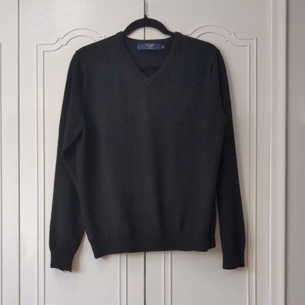J. Crew Black V-Neck Sweater 100% Merino Wool Size XL